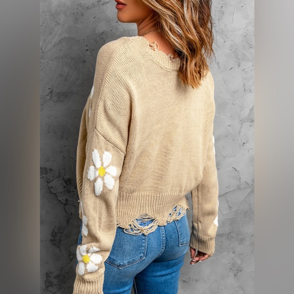 Khaki Floral Ribbed Trim Distressed Sweater - Picture 5 of 5
